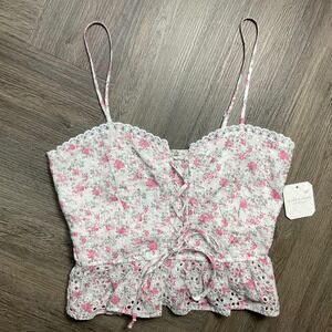 NWT Altar'd State Keely Lace Up Eyelet Top White Pink Floral Medium Coquette